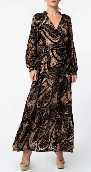 Ciebon Aria Tie Belt Long Sleeve Burnout Faux Wrap Velvet Dress Black Medium thumbnail 1