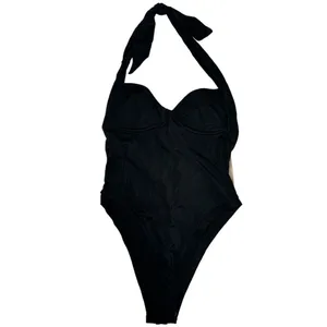 We Are‎ HAH Size S Pull Thru 1 Piece Bodysuit Swimsuit Black Cheeky Halter NEW thumbnail 3
