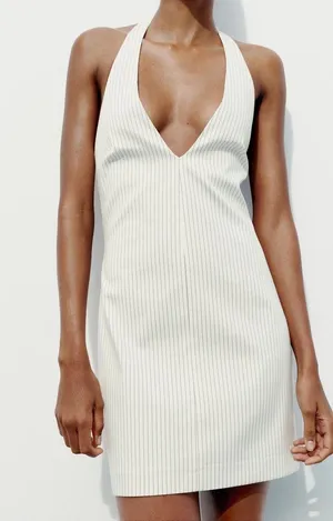 Zara dress mini halter neck striped white back tied casual summer vacation thumbnail 10