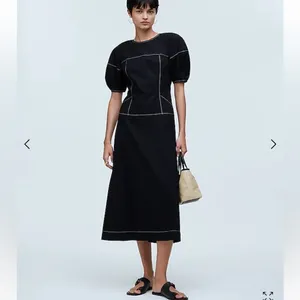 NWT‎ Madewell Puff-Sleeve Drop-Waist Midi Dress Lightweight Cotton Black NQ890 thumbnail 2