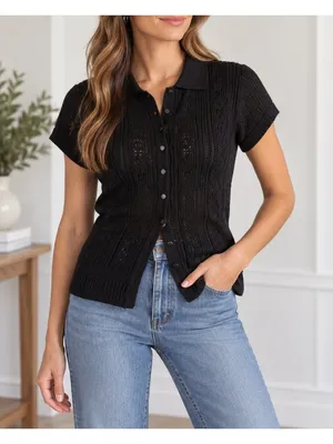 Banana Republic Y2K Black Pointelle Knit Polo Button Front Top thumbnail 1