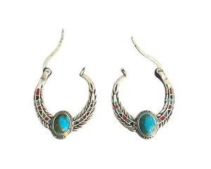 Vintage Silver Tone Hoop Earrings Faux Turquoise Enamel Southwestern Estate 1" thumbnail 4