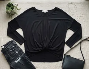 LOFT Womens Small Black V-Neck Twist Front Knot Long Sleeve Knit Top High Low thumbnail 1