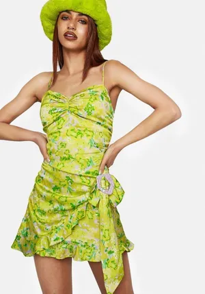 For Love And Lemons FL&L Women’s Dubois Green Floral Asymmetrical Mini Dress thumbnail 1
