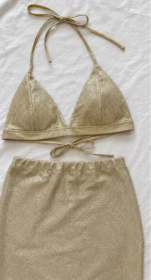 Divided Gold Shimmer Two-Piece Set | Triangle Halter Top & Mini Skirt thumbnail 1