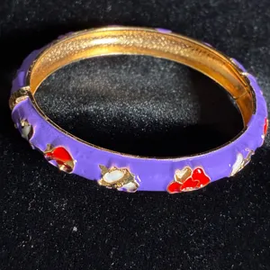 Purple and gold enamel bangle bracelet with red and white flower designs 7” thumbnail 2