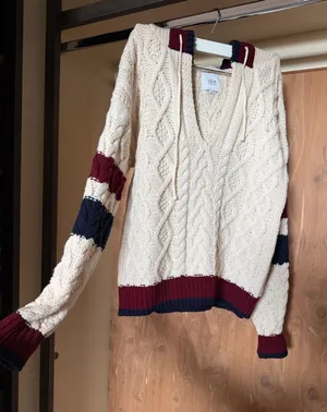 J.O.A. Cream Cable-Knit V-Neck Sweater with Navy & Burgundy Trim thumbnail 1