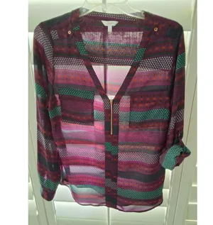 Candies Size XL Purple Multi Color Roll Tab Zip Front V-Neck Pocket Front Top thumbnail 1