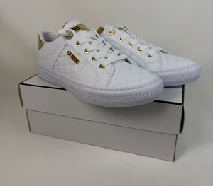 GUESS Women's Loven Casual Lace-Up Sneakers White Gold New in Box thumbnail 1
