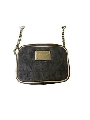 Michael Kors Jet Set Travel Crossbody Bag Brown MK Monogram Small Gold Chain Use thumbnail 2