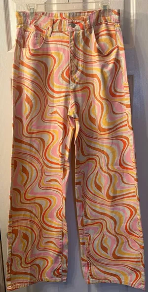 Tie Dye multicolor print wide leg jean material pants sz L thumbnail 1