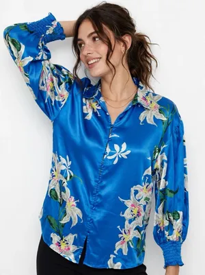 Anthropologie Calligraphie Blouse Small Blue Long Sleeve Boho Resort thumbnail 1