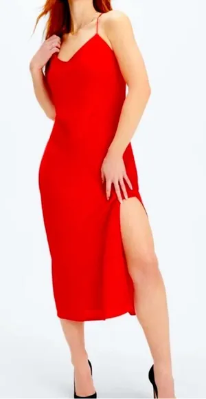 NWT Fabletics Satin Slip Midi Halter Dress Lace Up Back Red‎ Medium thumbnail 1