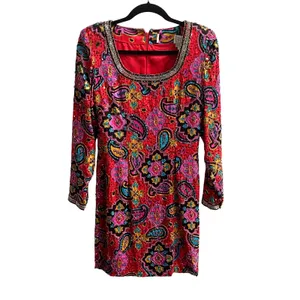 Oleg Cassini Black Tie Vintage Red Paisley beaded sequin Dress SILK AMAZING SZ 6 thumbnail 2