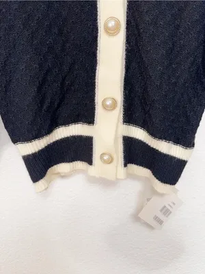 J.ING Black White Contrast Trim Boucle Knit Pearl Button Cardigan Sweater thumbnail 8