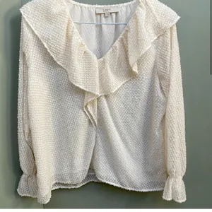 LOFT Cream Ruffled Bib Collar Blouse thumbnail 1
