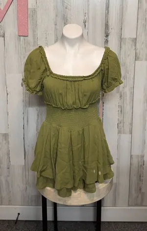 Olive Green Smocked Romper Puff Sleeve Rayon Mini Dress Look Size M thumbnail 1