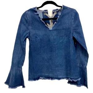 Womens Anthropologie Moelleux Raw Hem Denim Jean Back Lace Up Top - Sz XS thumbnail 2