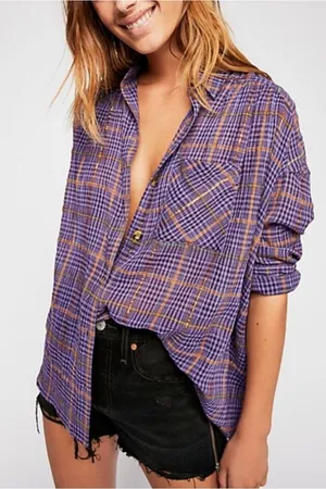 Free People Break My Stride Purple Plaid Button Down Shirt Top Medium thumbnail 1