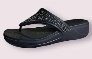 CROCS Women's Black Embellished Wedge Thong Sandals thumbnail 1