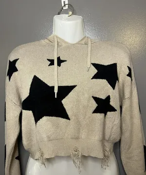 Social Collision Sweater Womens Sm/Med Beige Star Hooded Distressed Cropped thumbnail 1
