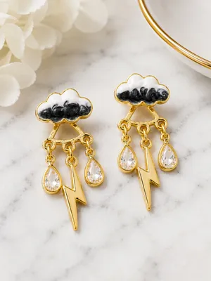 NEW Storm Cloud Lightning Dangle Post Earrings Gold White Black NWT thumbnail 2