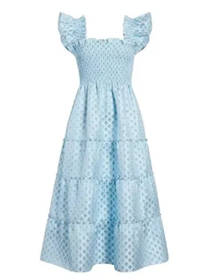 NWoT Hill House Ellie Nap Dress in Blue White Brocade Smocked Tiered Midi XS thumbnail 3