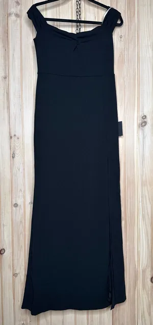 NWT Lulus Black Cinched Neck Off The Shoulder Column Maxi Dress Holiday Party L thumbnail 1