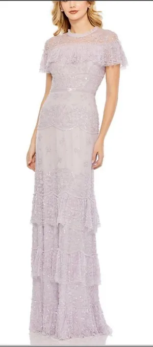 NWT Mac Duggal 9195 Illusion Mesh Overlay Ruffled Long Dress Lilac Size 14 thumbnail 1