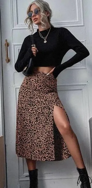 Leopard Print Skirt with Slit thumbnail 1