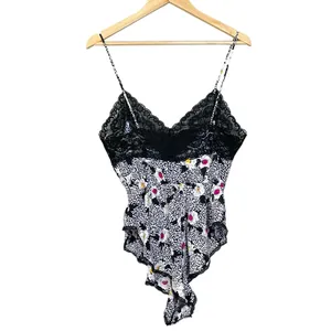 Vintage Teddy Lingerie Floral 1980s Women Lace Navy‎ White Ruffle Retro Bodysuit thumbnail 2