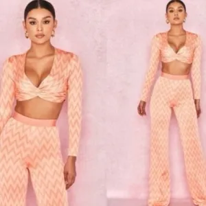 House of CB Bertille ZigZag Peach Long Sleeve Crop Top Small thumbnail 2