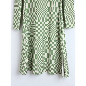 Green & white Checkerboard Midi Dress Size L Optical Illusion Wavy Mock Neck thumbnail 3