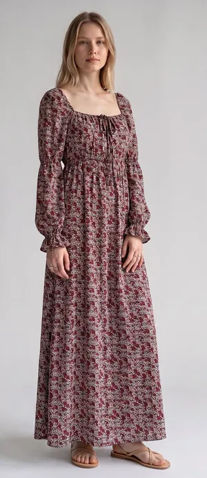 Promesa Floral Maxi Dress Burgundy Long Sleeve Square Neck Smocked Back Large thumbnail 1