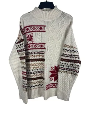 American Eagle Chunky Knit Red Cream Snowflake Fair Isle Nordic Cozy Sweater M thumbnail 1