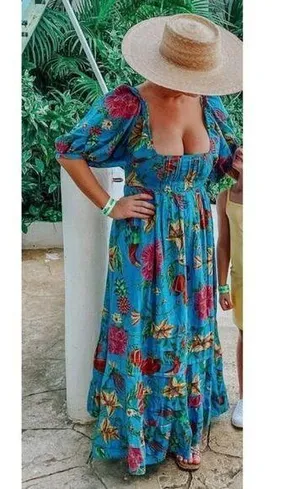 FARM RIO Toucans Garden Midi Dress in Blue Size Small thumbnail 1