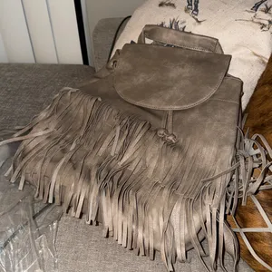 Grey Fringe Vegan Leather Drawstring Convertible Backpack by Metro Muse USA thumbnail 5