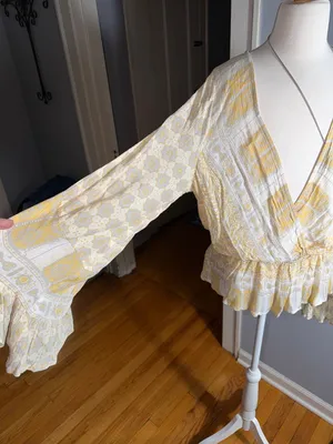 Free People Cream & Tan Printed Wrap Blouse thumbnail 5