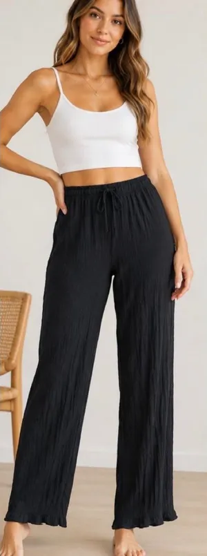 Zara Black Crinkle Textured Wide Leg Relaxed Drawstring Pants Medium thumbnail 1