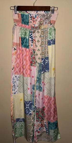 Multicolor Patchwork High Waisted Wide Leg Smocked Waist Pants Small Boho Summer Pink thumbnail 1