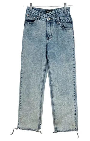 White Fox Small Blue Acid Wash Crossover Waist Straight Leg Jeans STAINED thumbnail 1