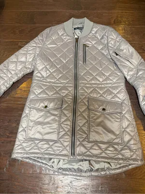 French Connection Large Silver Quilted Longline Bomber Jacket Coat thumbnail 3
