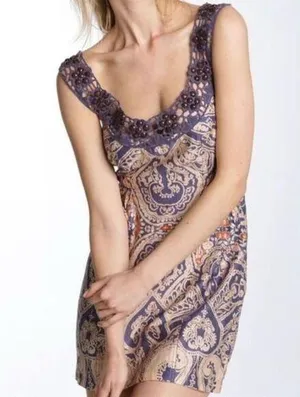 Free People Women's Jeweled Folklore Purple Paisley Boho Dress Size 10​ thumbnail 1