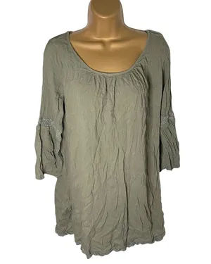 Aerie Peasant Mini Dress Boho Bell Sleeve Lace Trim Olive M thumbnail 1