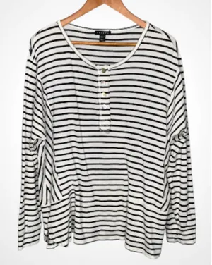 Tribal Black and White Striped Blouse Henley Tunic XL thumbnail 1