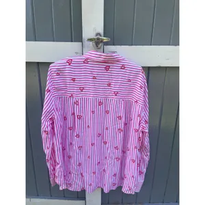 Jane + Delancey Pink White Striped Heart Embroidered Button Down Shirt Large thumbnail 2
