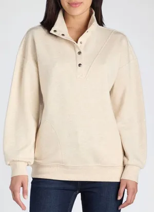 Time and Tru Womens Sweatshirt Size S Oatmeal Heather Mock Neck Henley Pullover thumbnail 1