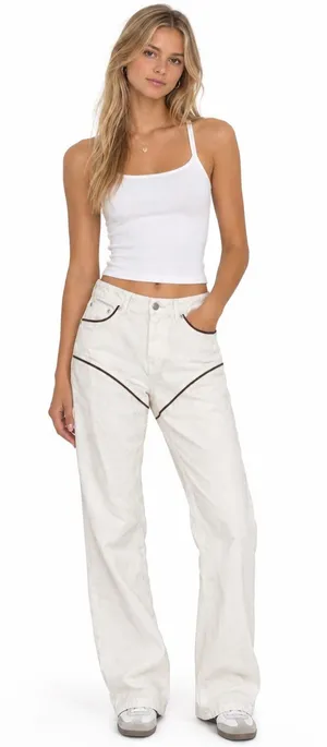 NWT NA-KD White Brown Trim Straight Leg Jeans thumbnail 1