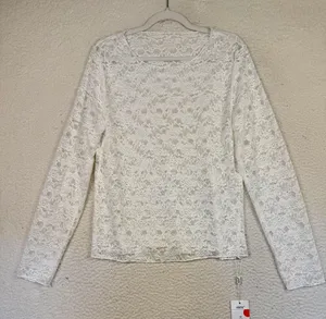 Top Womens XL White Lace Long Sleeve Round Neck Sheer Cottage Festival Coquette thumbnail 1