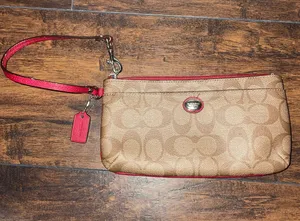 Coach Peyton Signature Go-Go Wristlet Wallet in Khaki and Red thumbnail 1